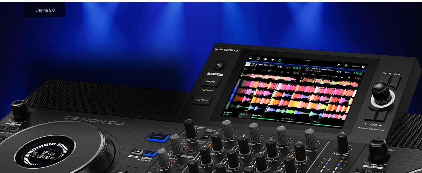 Professional DJ equipment setup with turntable on left, digital music controller/mixer with red illuminated display panel in center, blue atmospheric lighting in background.
