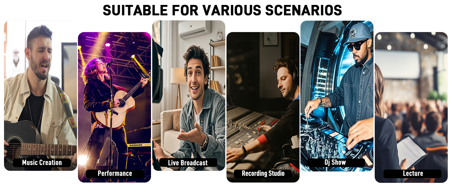 Text reads 'SUITABLE FOR VARIOUS SCENARIOS'. Collection of six movie-style promotional images showing different entertainment or viewing scenarios.
