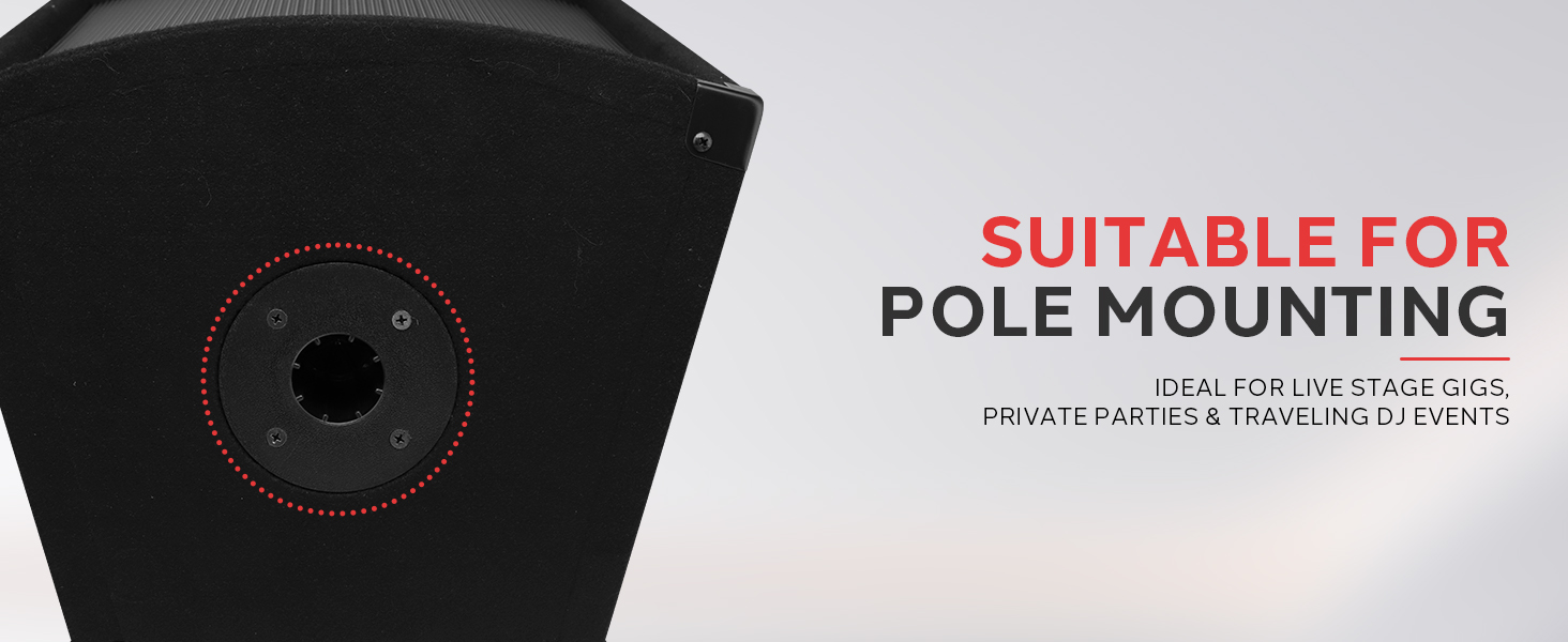 Text reads 'SUITABLE FOR POLE MOUNTING'. Black mounting bracket or hardware component shown against gray background.