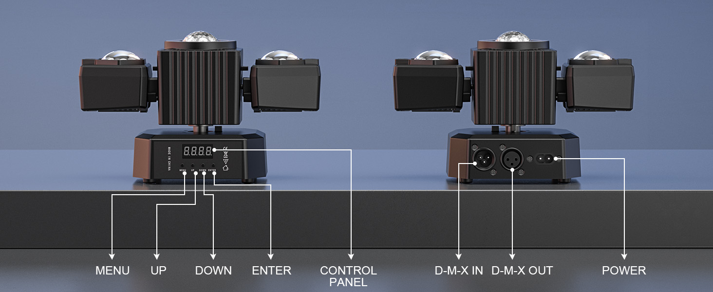 Text reads 'MENU', 'LP', 'COIN', 'EXTRA', 'GENERAL PAUSE', 'COIN &amp; PLAY OUT', 'POWER'. Top view of aligned arcade or gaming control panels showing different button configurations.