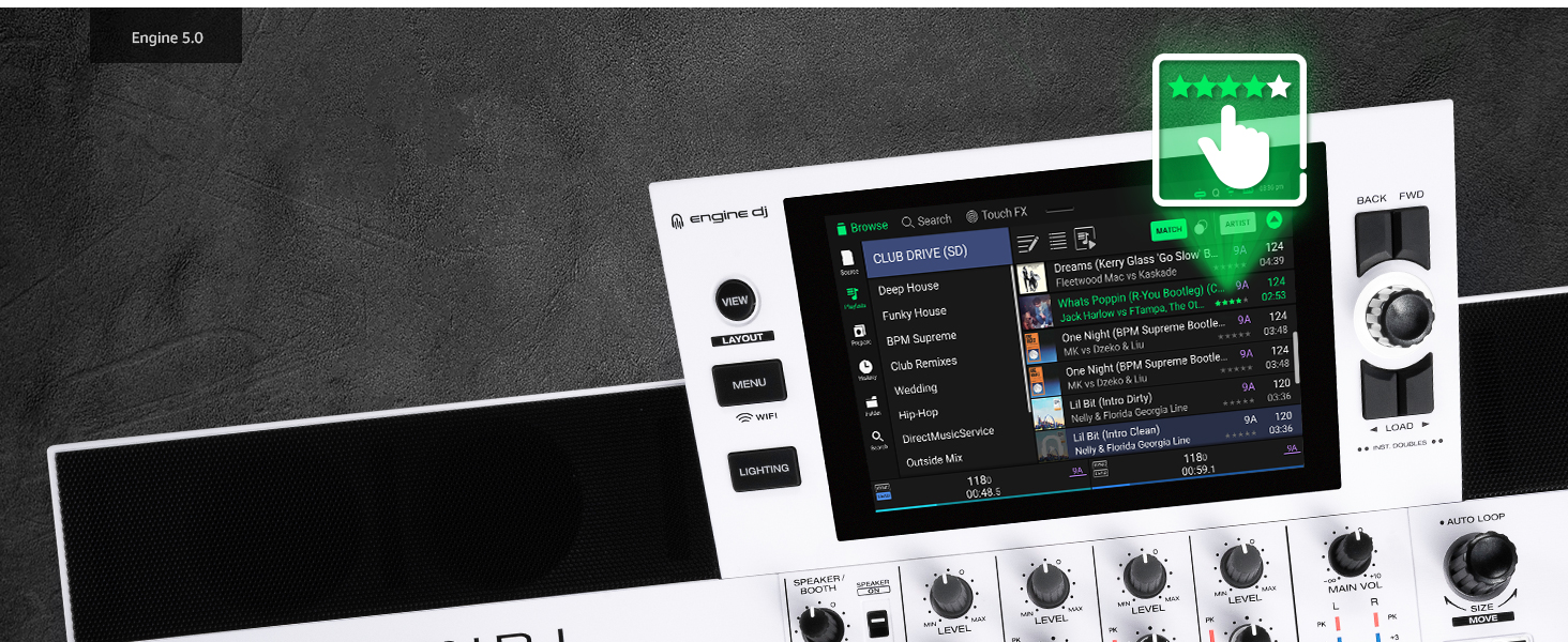 Text reads 'GAWELD'. Digital mixing console or music production interface displayed on screen with control panel, knobs, and buttons. Mobile app indicator visible in top right corner on black and white setup.