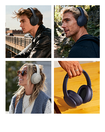 Collection of lifestyle photos showing people using audio devices outdoors in various settings and activities.