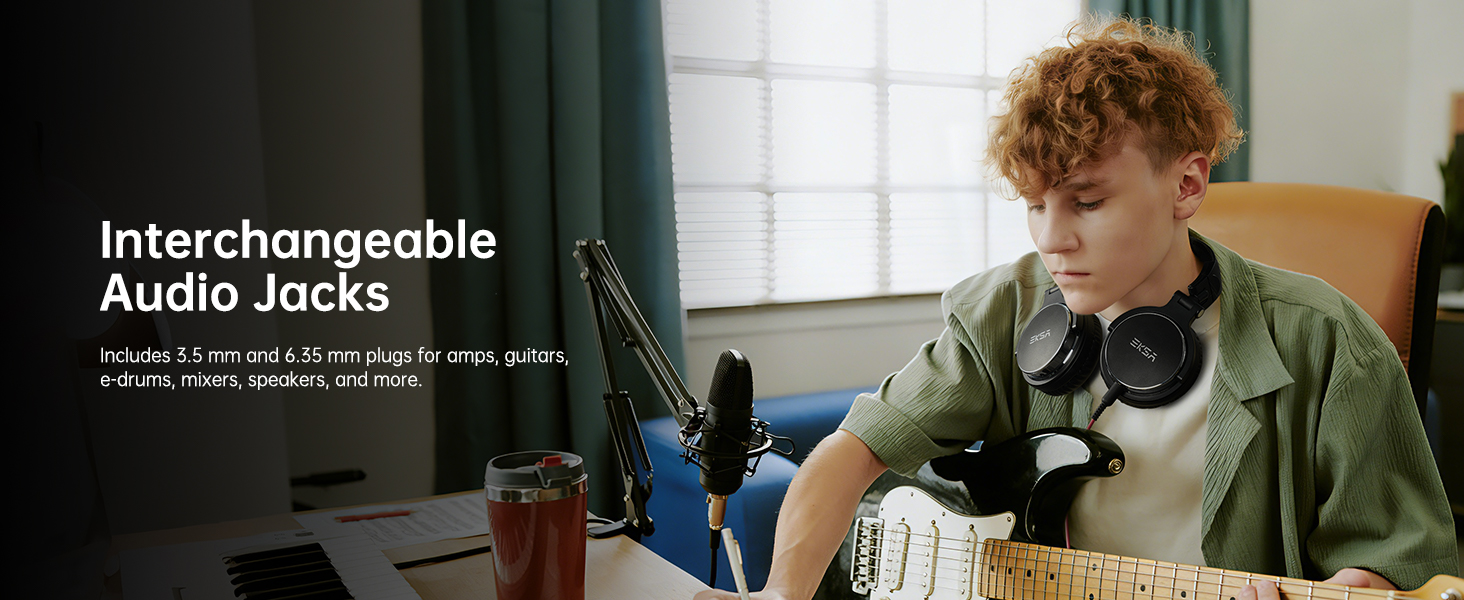Text reads 'Interchangeable Audio Jacks'. Child wearing green jacket using audio equipment at desk with headphones and accessories visible in home setting.
