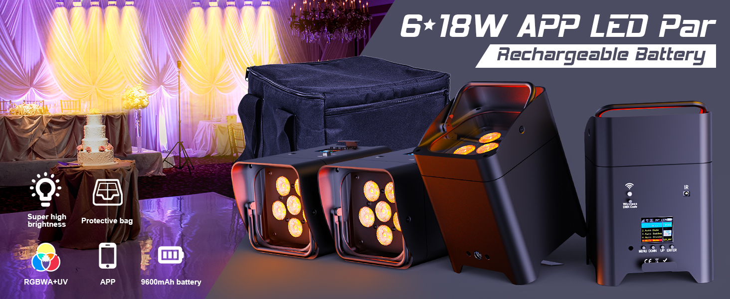 Wireless LED par light with rechargeable battery, featuring built-in app control capability and multiple light beam effects shown in performance setting.