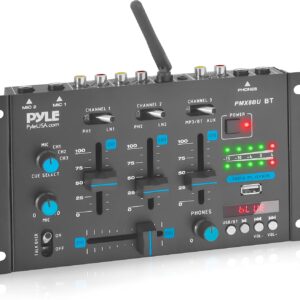 Pyle Bluetooth DJ Mixer – 3 Channel Audio Mixer with USB MP3 Player, 2 Mic Inputs, RCA Line Output, Crossfader & Headphone Monitoring – Compact Mixer for Home DJ, Karaoke & Parties