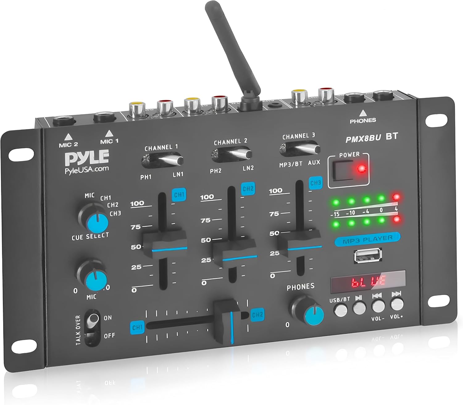 Pyle Bluetooth DJ Mixer – 3 Channel Audio Mixer with USB MP3 Player, 2 Mic Inputs, RCA Line Output, Crossfader & Headphone Monitoring – Compact Mixer for Home DJ, Karaoke & Parties Pyle Bluetooth DJ Mixer – 3 Channel Audio Mixer with USB MP3 Player, 2 Mic Inputs, RCA Line Output, Crossfader & Headphone Monitoring – Compact Mixer for Home DJ, Karaoke & Parties