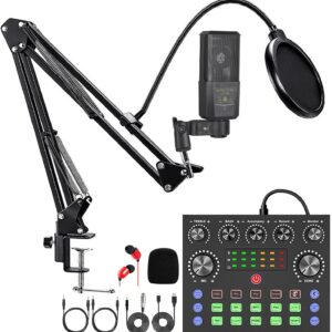 Podcast Equipment Bundle, Audio Interface with DJ Mixer and Studio Broadcast Microphone, Perfect for Recording, Live Streaming,Gaming,Compatible with PC,Smartphone,Play Station