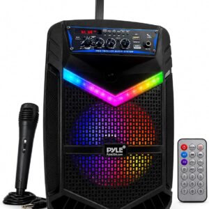 Pyle, Portable PA System, Active Speakers, Powered Speakers –400W Rechargeable Outdoor Bluetooth Speaker- w/ 18” Subwoofer 1” Tweeter, Microphone and Speaker, PartyBox Lights, Recording, USB/SD/Radio