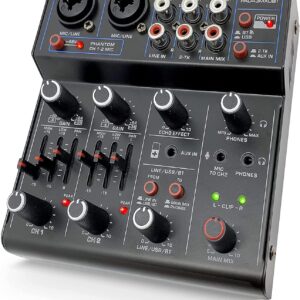 Pyle DJ Audio Mixer Bluetooth – 4 Channel USB Interface with XLR Combo Jack, AUX RCA & Echo FX, Professional Sound Mixing Console for Recording, Streaming, Karaoke, PC & Live Performance