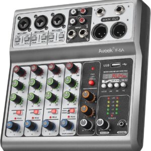 Aveek 5-Channel Audio Mixer, Sound Board Mixing Console with USB Bluetooth Reverb Delay Effect, Input 48V Phantom Power Stereo DJ Mixers for Recording,Live Streaming,Podcasting,Karaoke