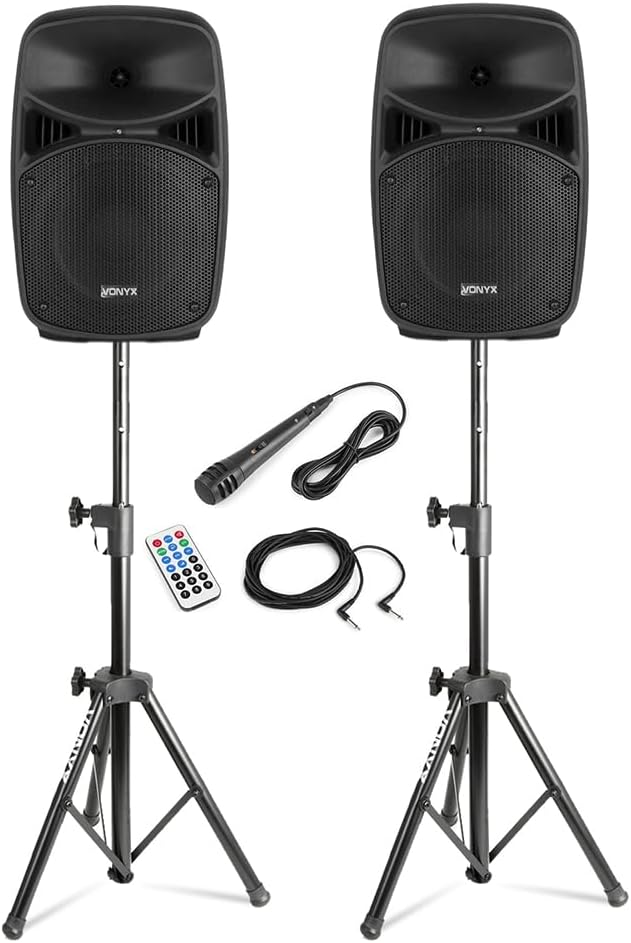 Vonyx VPS082A 8″ Active PA DJ Speaker System, Stands, Bluetooth, Light Show Vonyx VPS082A 8″ Active PA DJ Speaker System, Stands, Bluetooth, Light Show