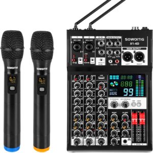 4 Channel Audio Mixer With Dual Wireless Microphones, Professional Sound Mixing Board DJ Console with 99DSP MP3 Bluetooth 48V Phantom Power PAD USB Interface for Recording Home Karaoke Live Streaming