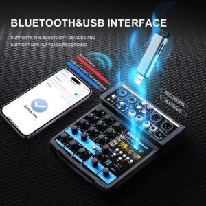 BOMGE 4 Channel mini DJ Audio Sound Mixer Interface with MP3 USB Bluetooth Stereo Recording 48V Phantom Power 99 DSP for karaoke, performance, church singing podcas streaming