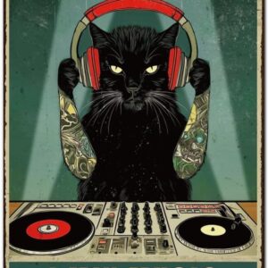 SUPERDANT DJ Cat Metal Signs Metal Music Signs I Mix Music and I Know Things Wall Plaques Funny Quotes Iron Poster Art for Man Cave Home Living Room Vintage Decor Gift for Musiclover