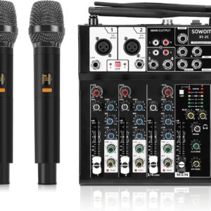 4 Channel Audio Mixer, Karaoke Mixer with Dual Wireless Microphones, Professional Sound Board DJ Mixing Console MP3 Bluetooth 48V Phantom Power USB Interface for PC Studio Recording Party