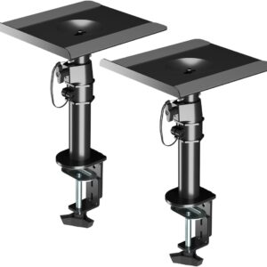 suptek Clamp-on Speaker Stand Desk Mount Set, 9.6 x 8.8 inch Trays, Height Adjustment and Tilt, Universal Audio Holders for Computer and Bookshelf Speakers, Elevated Sound, 2 Pack, Black, SDM001B
