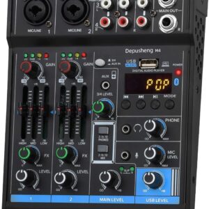 Professional Audio Mixer Sound Card Console Interface System 4 Channels USB Digital Bluetooth MP3 Computer Input 48V Phantom Power Stereo DJ Studio Streaming, Depusheng M4, Black