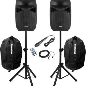 Vonyx VPS102A 10″ Active PA DJ Speakers, Stands, Bags, Bluetooth, LED, 600W