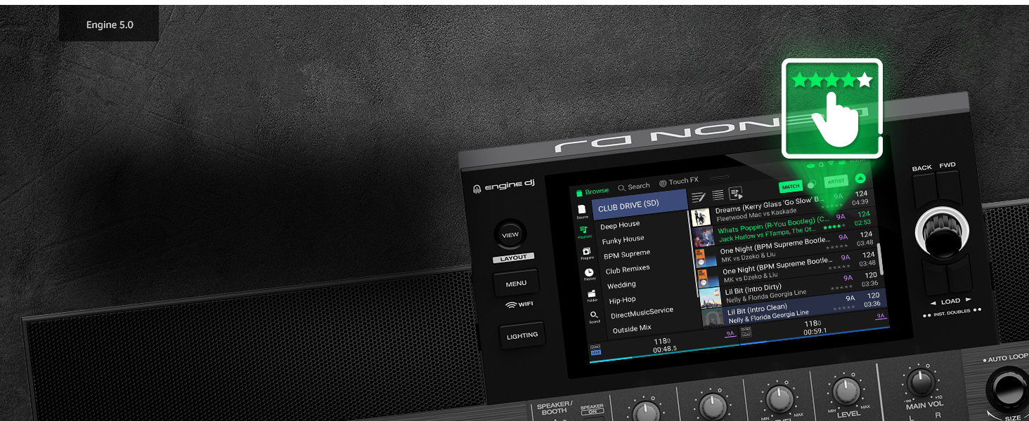 Digital display screen showing audio equipment interface with illuminated buttons, knobs, and green indicator light on black control panel.