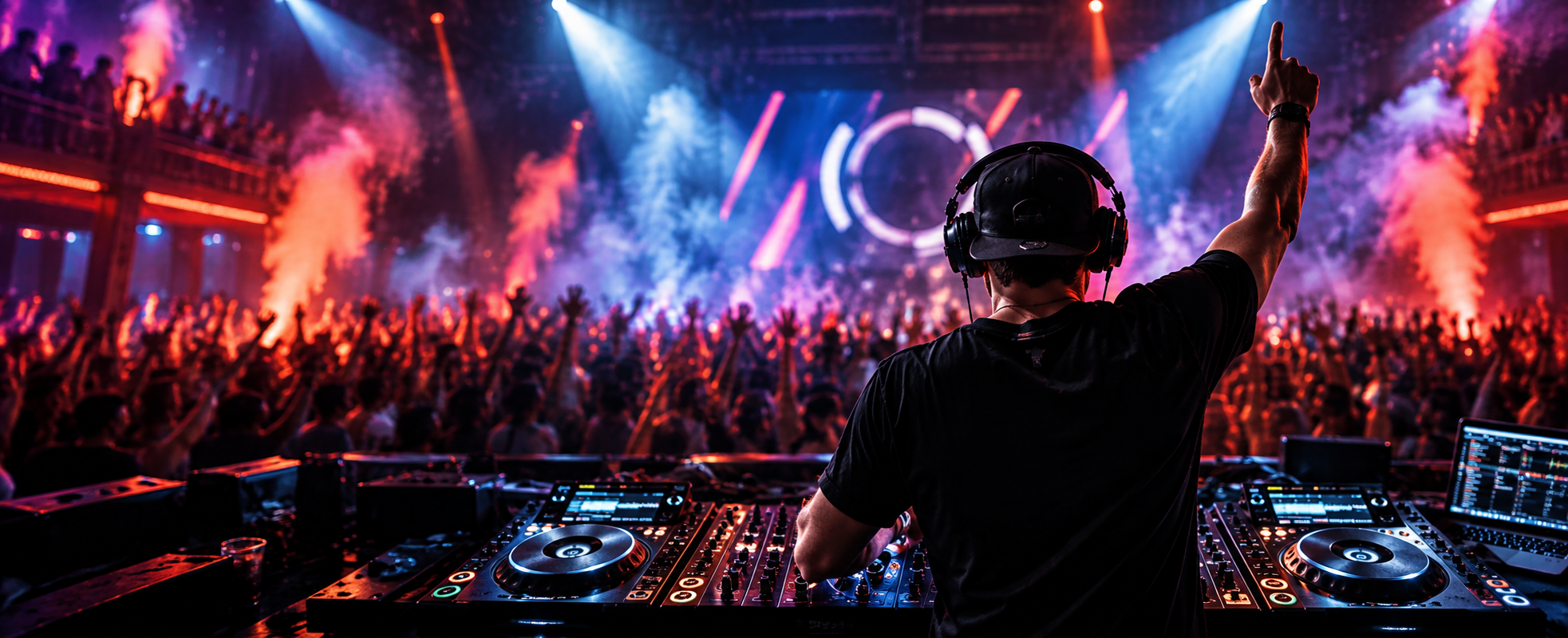 DJ performing in front of a nightclub crowd