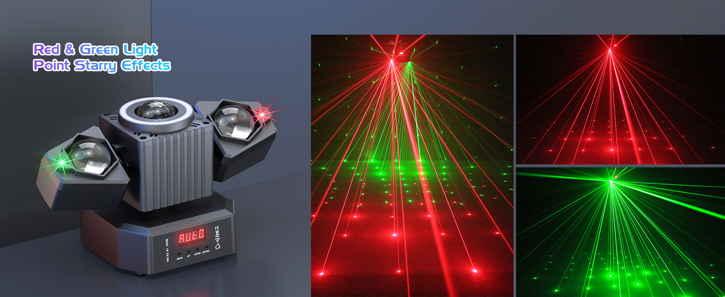 Series of images showing red and green laser light patterns in various geometric displays, including star burst and grid patterns. Device appears to be a laser light projector.