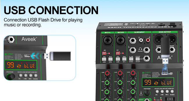 Audio mixing console interface with USB connection feature, showing multiple input channels, control knobs, and digital display for music playback and recording.