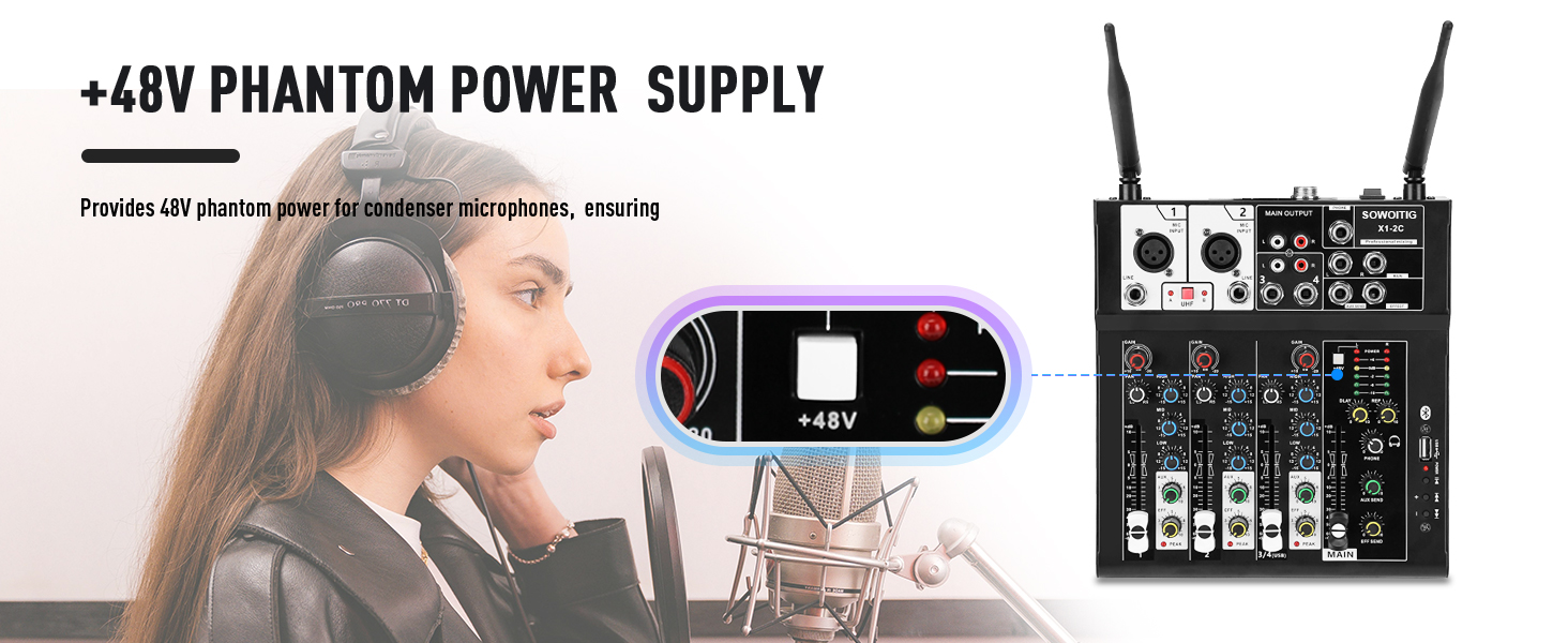 Text reads '+48V PHANTOM POWER SUPPLY'. Audio equipment setup showing professional recording interface with multiple inputs and controls.