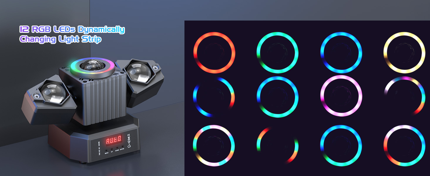 Gaming setup displaying multiple circular RGB lighting effects in red, blue, and white colors arranged in a grid pattern.