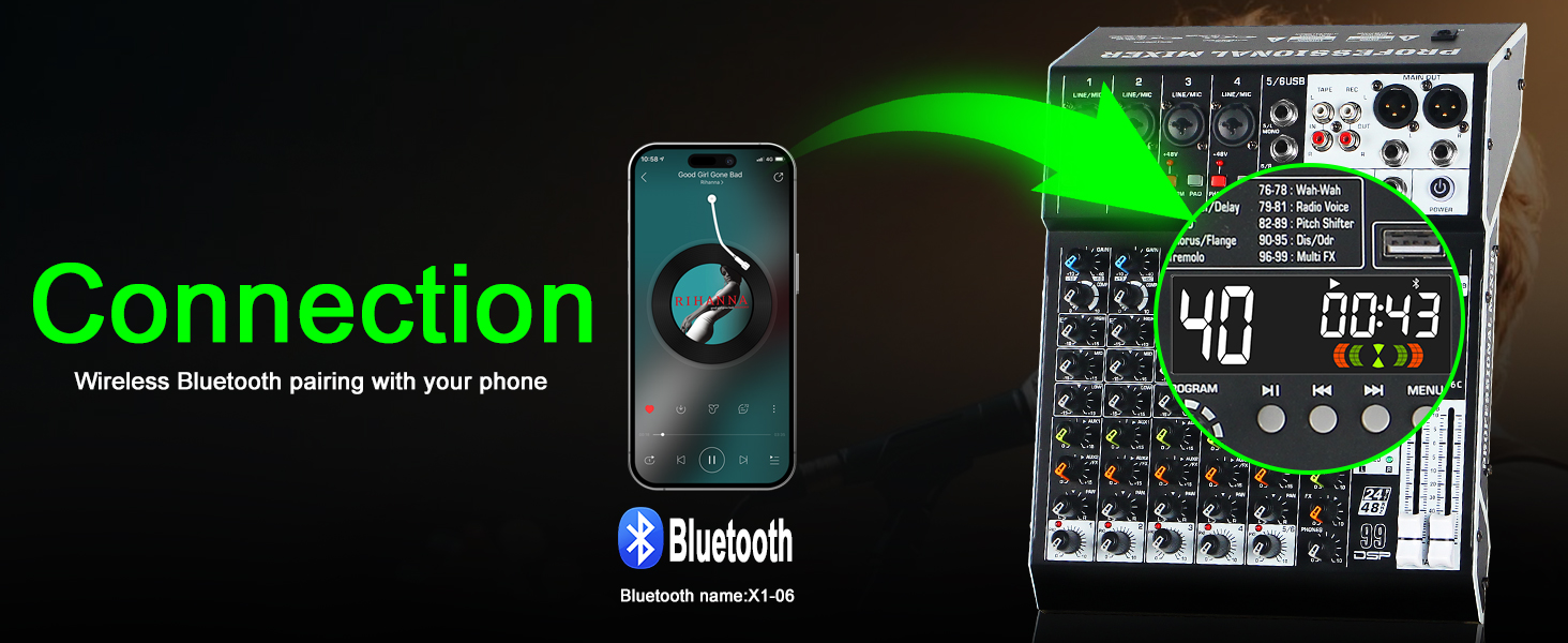 Text reads 'Connection'. Series of images showing Bluetooth wireless pairing process between device and phone, with digital display showing '40' and time readout, Bluetooth symbol visible.