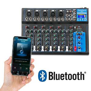 Audio mixing console with multiple channels, faders, and input ports. Features Bluetooth connectivity, illustrated by a smartphone displaying an audio app and Bluetooth logo.