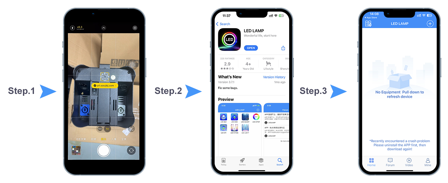 Three-step mobile app interface demonstration showing installation or setup process on smartphone screens.