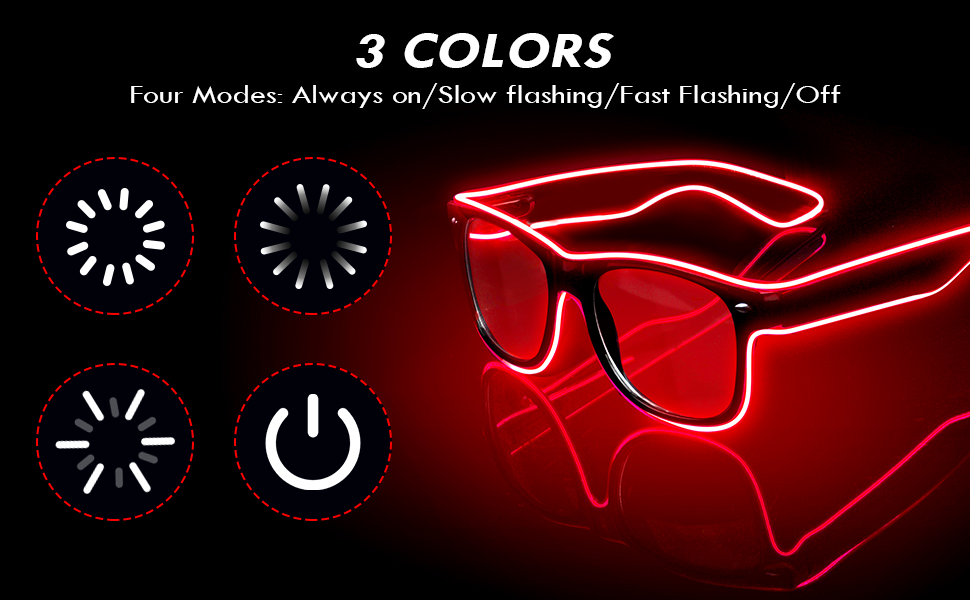 LED sunglasses with red neon outline showing four mode icons: always on, slow flashing, fast flashing, and power button.