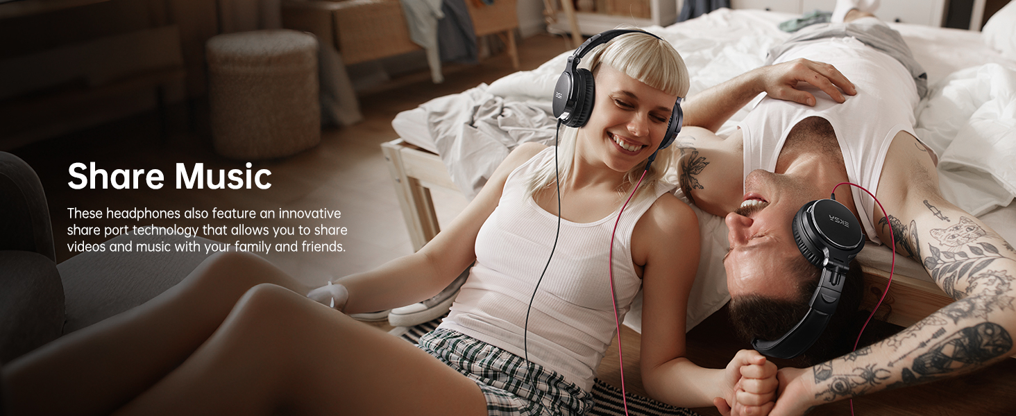 Text reads 'Share Music' with additional descriptive text below. Two people wearing headphones in bed together, sharing audio listening experience.