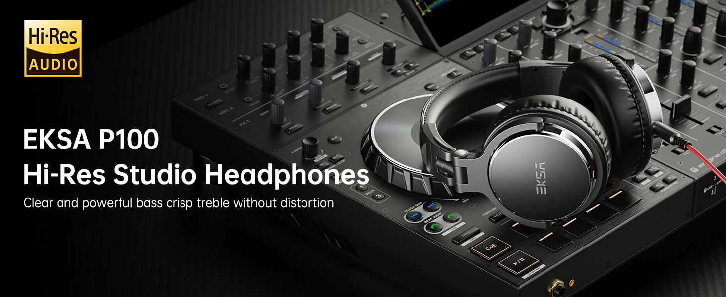 Text reads "EKSA P100 Hi-Res Studio Headphones". Over-ear professional headphones in black displayed on DJ mixing console equipment setup.
