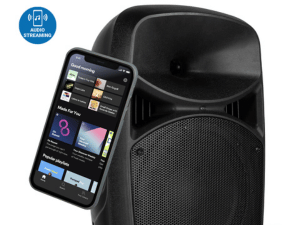 Black portable speaker or PA system with integrated smartphone mount showing a device display interface.
