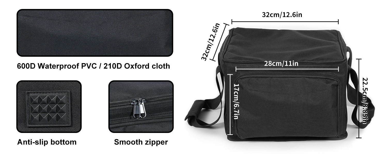 Black waterproof messenger bag with dimensions shown: 32cm width, 28cm length. Features anti-slip bottom, smooth zipper closure, and made of 600D PVC/210D Oxford cloth.