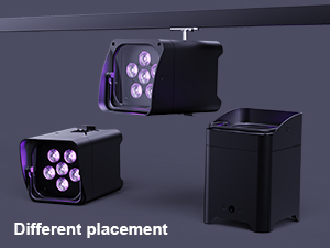Black cubic LED light fixtures shown in different placement configurations, featuring purple lighting effects.
