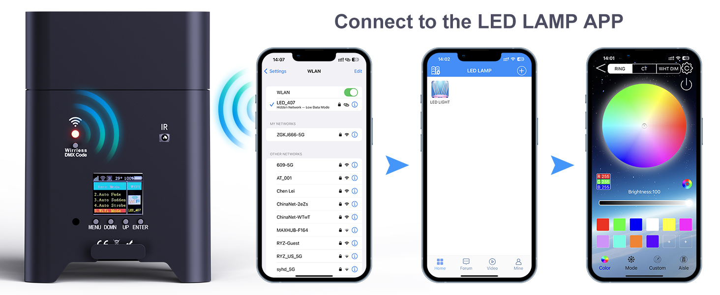 Smart LED lamp control interface showing mobile app connection process with three phone screens displaying color and setting controls.