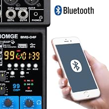 Digital display panel showing 'BOMGE BMG-04F' text with Bluetooth logo. Audio interface with input/output ports, LED display showing numbers '99', and control knobs.