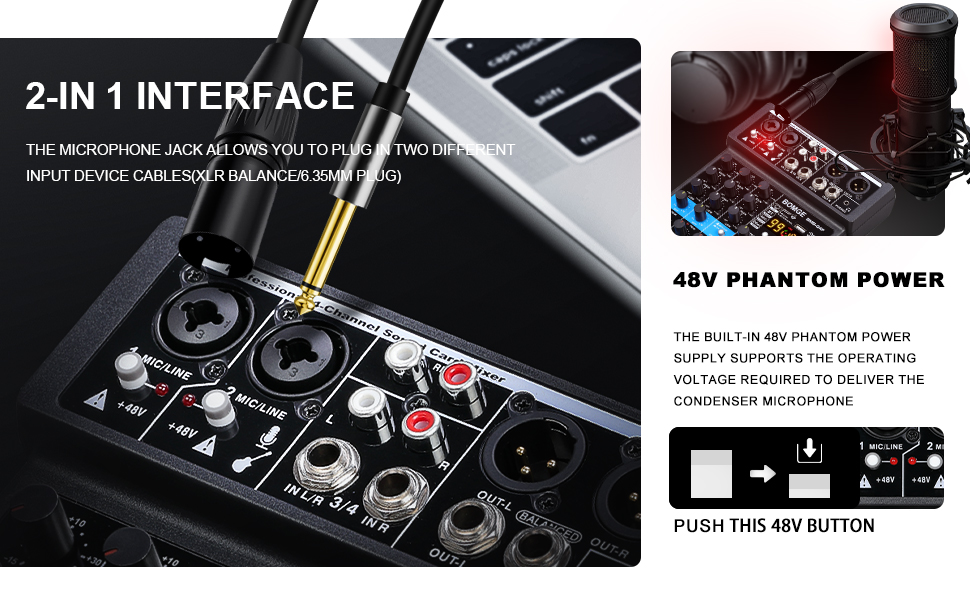 Audio interface showing XLR/microphone inputs with '2-IN 1 INTERFACE' text. Features dual input ports and phantom power button labeled '48V PHANTOM POWER' with connection diagram.
