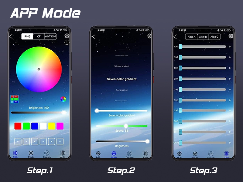 Smartphone app interface for color selection. Shows color wheel, gradient options, and adjustment sliders across three screens.