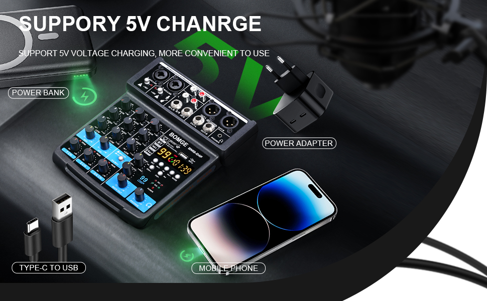 Audio mixer with 5V charging capability shown connected to power bank, power adapter, and mobile phone. Features USB Type-C connection and labeled as 'SUPPORY 5V CHANRGE' at top.