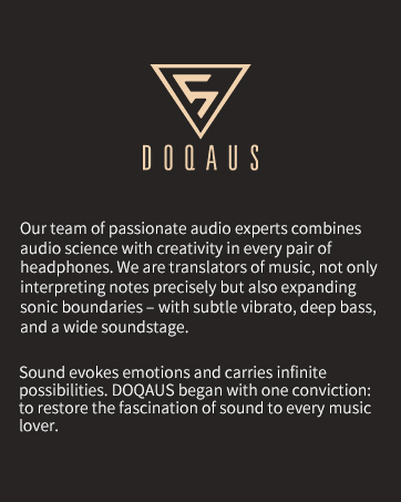 Text reads 'DOAAUS' with logo and marketing copy about sound experience: 'Our team of product audio experts combines performance with consultation. Natural headphones are remarkable not only interpreting notes precisely but also expanding sonic boundaries - with subtle vibrato, deep bass, and perfect pitch. Sound evolves emotions and carries infinite possibilities along with time. We embrace conventions to restore the fascination of sound to every music lover.'