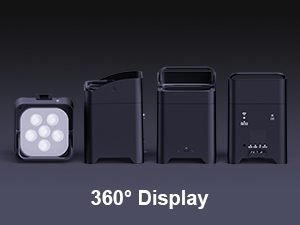 360-degree display of four black electronic devices or modules, with one showing LED lights, arranged horizontally.