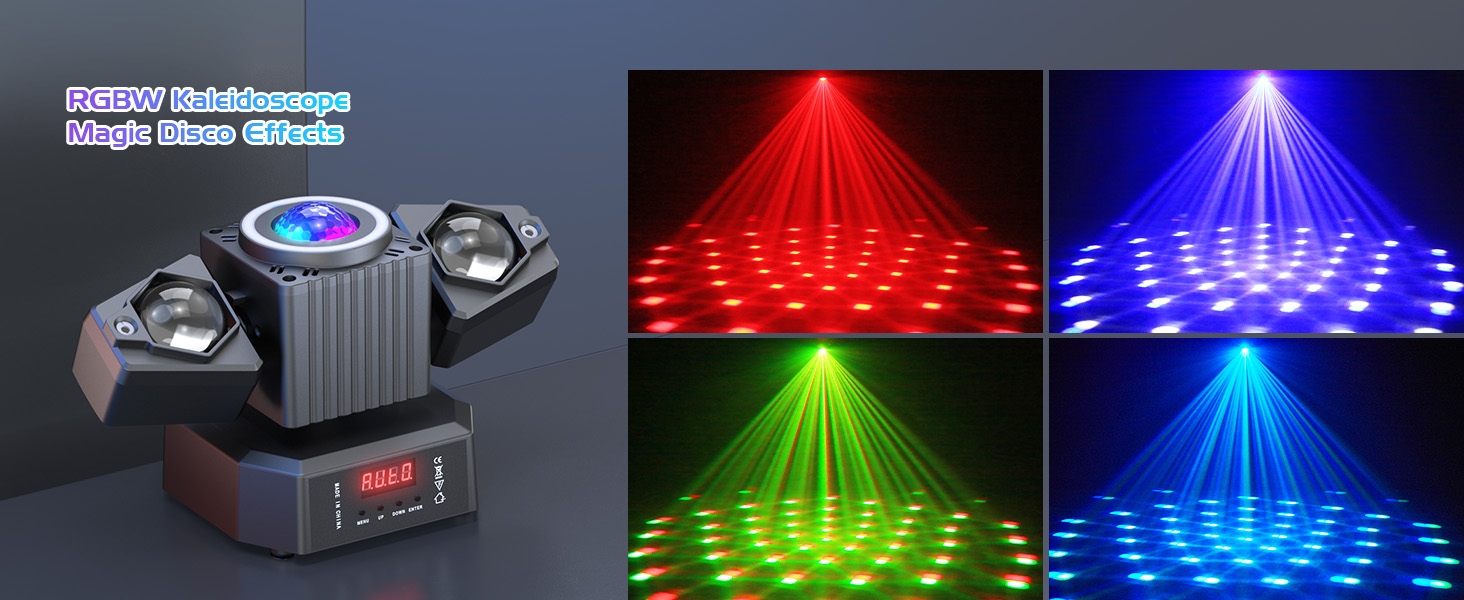 Professional DJ lighting setup with multiple panels showing red, blue, and green pattern projections creating geometric light displays.
