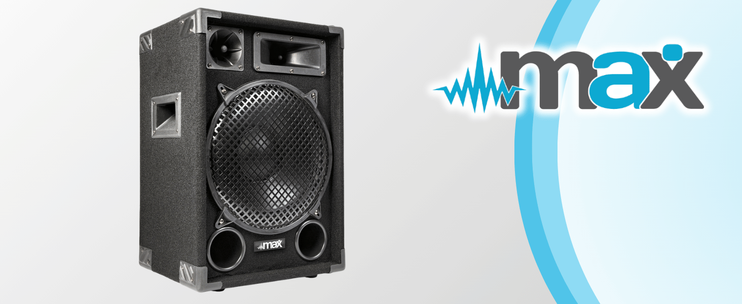 Text reads 'max' with audio waveform icon. Black audio or electronic device shown from multiple angles.