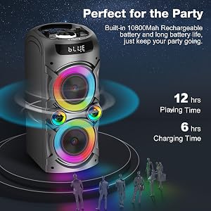 Portable party speaker with RGB lighting rings, featuring 12-hour playing time, 6-hour charging time, and built-in rechargeable battery.
