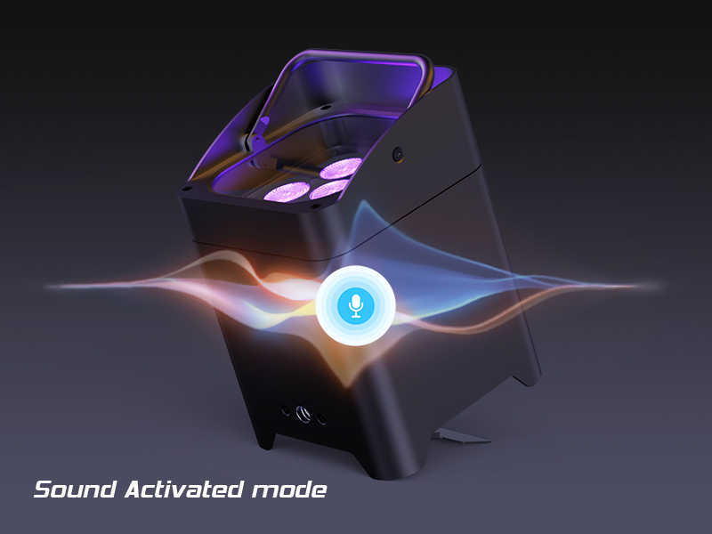 Black electronic device with purple illumination and sound activation mode, featuring a geometric design and microphone indicator.