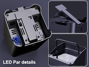 LED Par light component details showing internal hardware assembly and mounting brackets in three different angles.