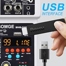Audio interface device showing USB port connection, digital display reading '99 LINE', control buttons, and output jacks labeled 'OUT-L' and 'OUT-R' on black and white panel.